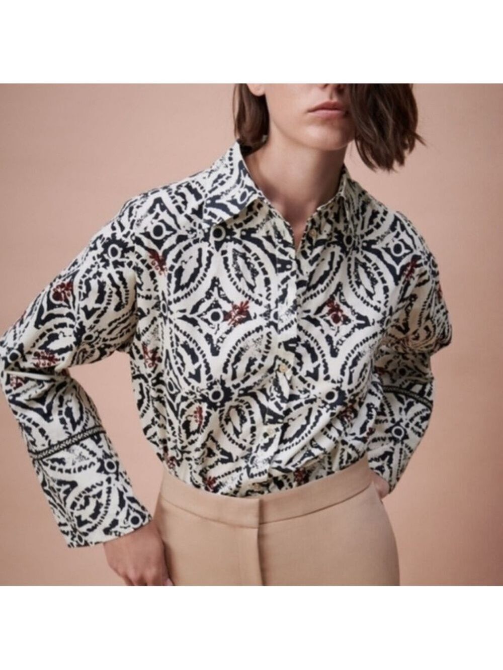 Zara NEW block print batik Oversized button front collared blouse Small NEW
